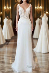 Elegant Long Mermaid V-neck Lace Backless Wedding Dress
