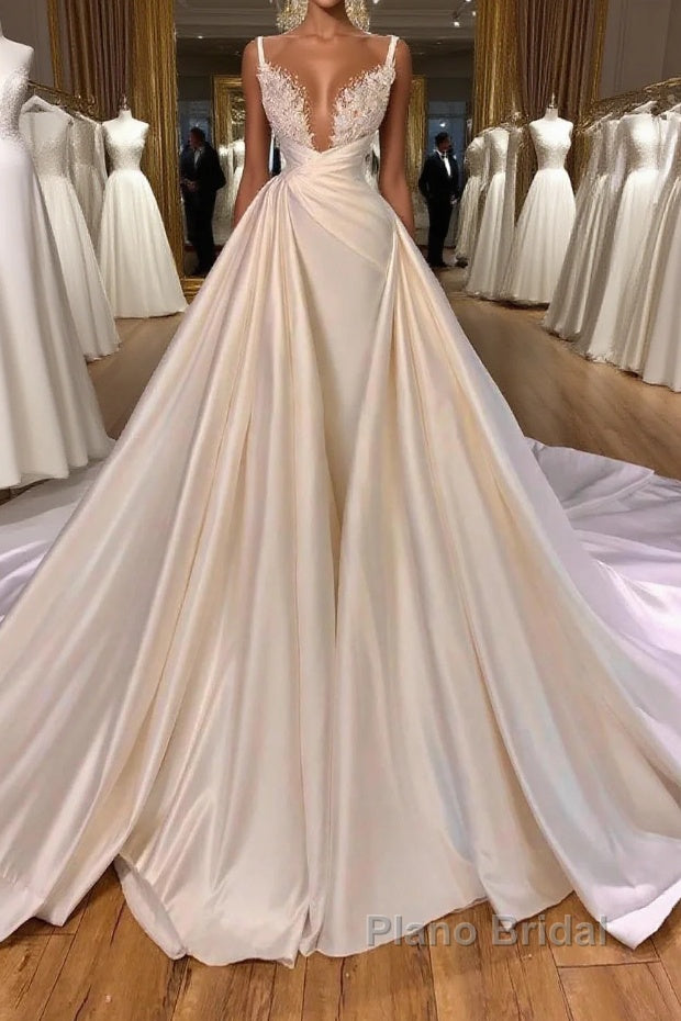 Elegant Long Mermaid V-neck Spaghetti Strap Satin Lace Wedding Dress Main image