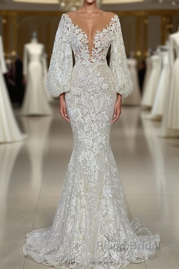 Elegant Long Mermaid V-neck Tulle Lace Wedding Dress with Sleeves Main image