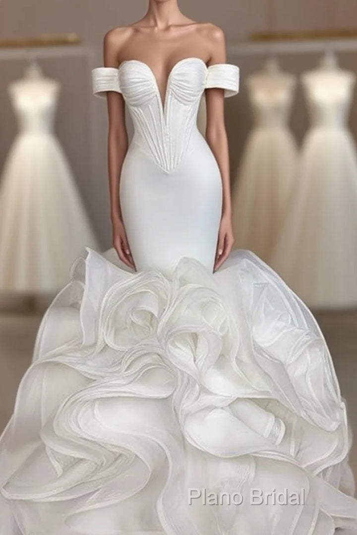 Elegant Mermaid African Women Wedding Dresses Off The Shoulder Ruffles High Quality Satin Birdal White Wedding Gowns Formal Prom Dresses Main image