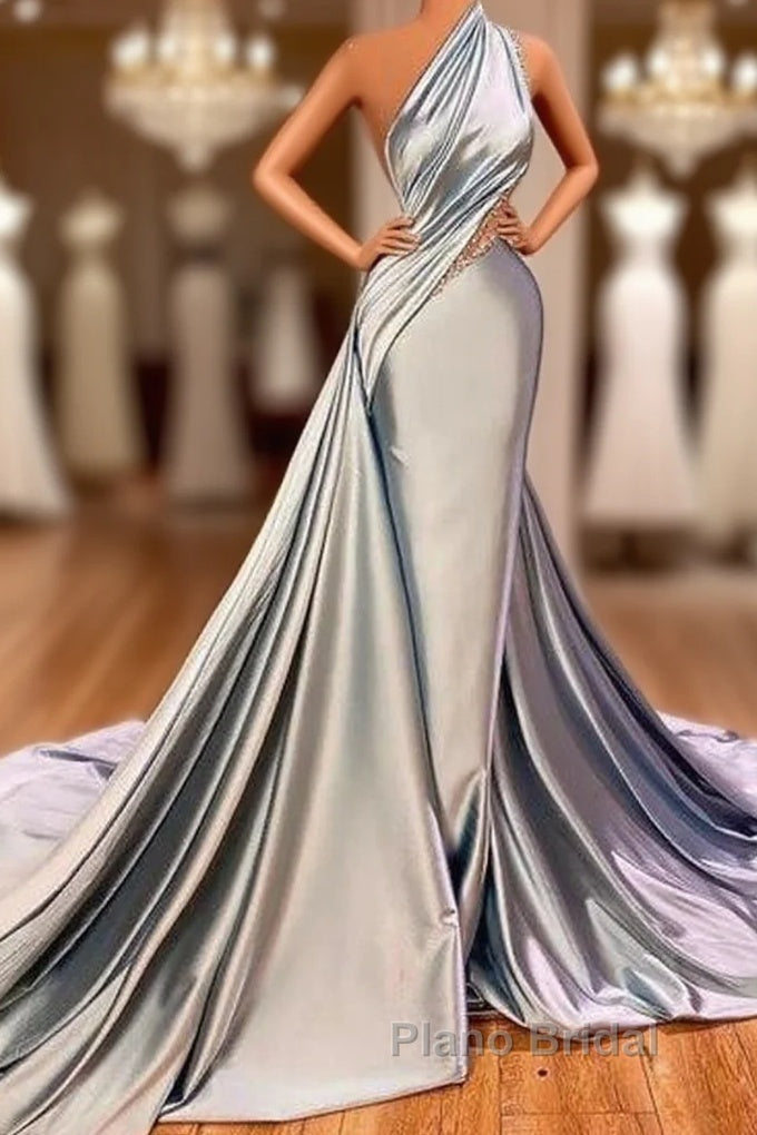 Elegant Mermaid One Shoulder Satin Long Evening Dresses Formal Prom Dresses Main image