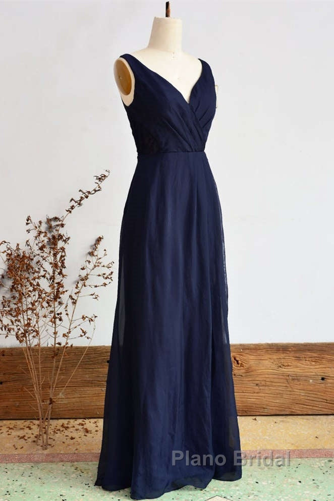 Elegant Navy Blue Chiffon Bridesmaid Dresses With Slit