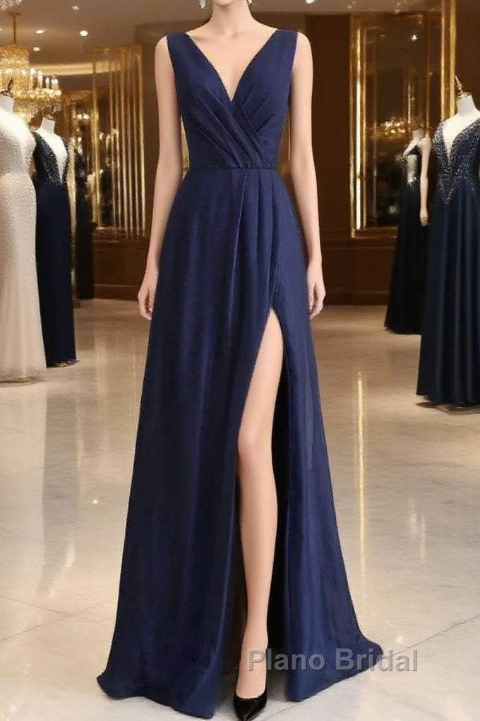 Elegant Navy Blue Chiffon Bridesmaid Dresses With Slit Main image