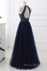 Elegant Navy Blue Halter Beaded Long Evening Dresses, Beautiful Formal Prom Dresses