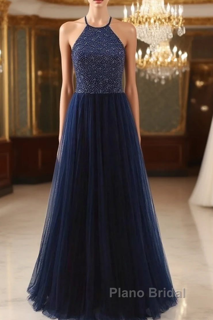 Elegant Navy Blue Halter Beaded Long Evening Dresses, Beautiful Formal Prom Dresses Main image