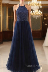 Elegant Navy Blue Halter Beaded Long Evening Dresses, Beautiful Formal Prom Dresses
