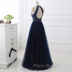 Elegant Navy Blue Halter Beaded Long Evening Dresses, Formal Prom Dresses