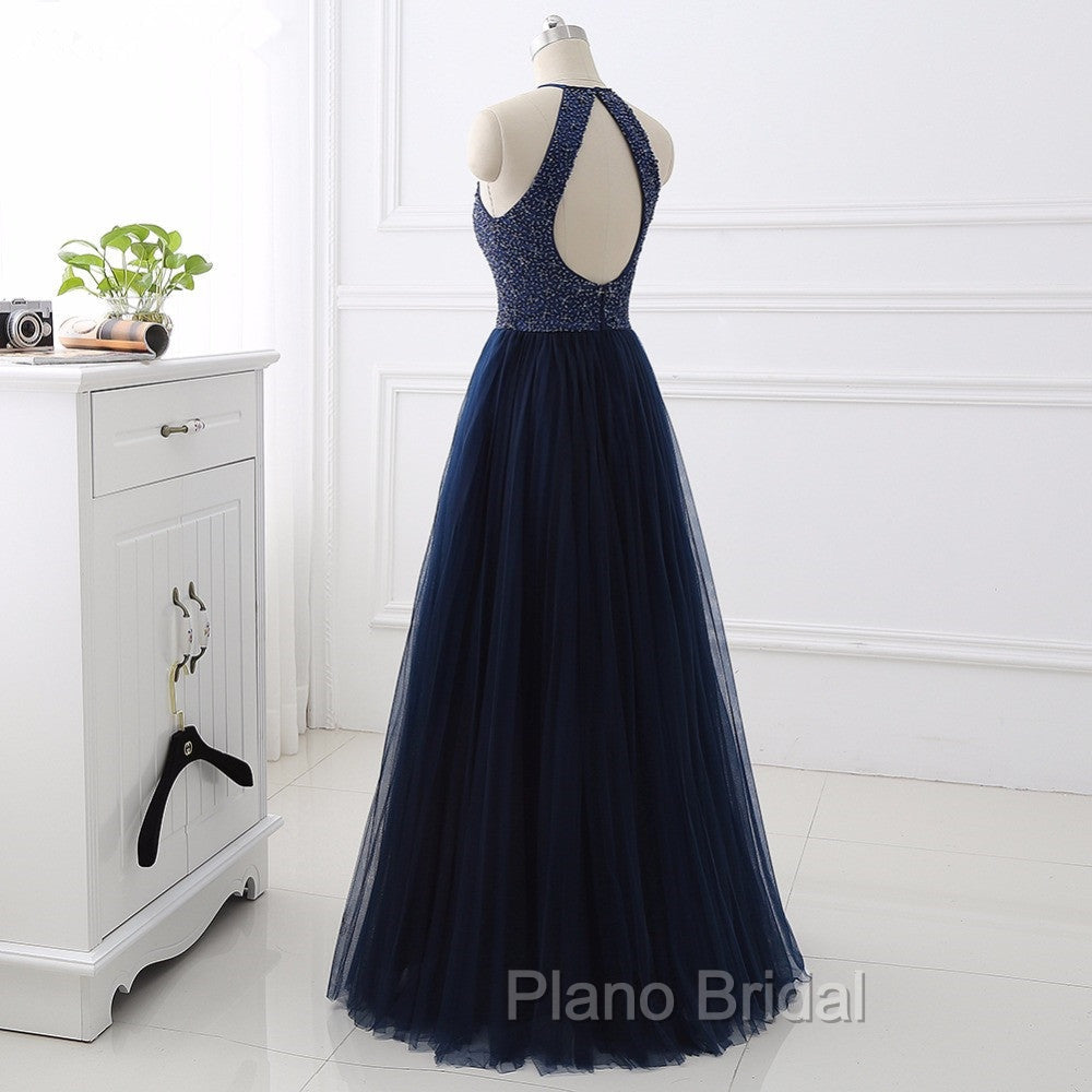 Elegant Navy Blue Halter Beaded Long Evening Dresses, Formal Prom Dresses