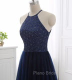 Elegant Navy Blue Halter Beaded Long Evening Dresses, Formal Prom Dresses