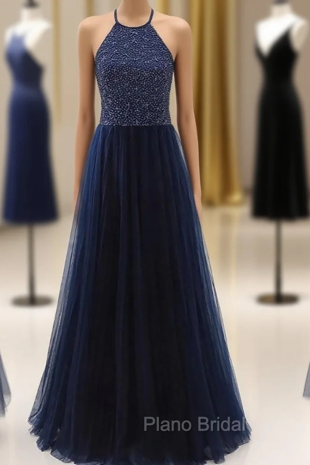 Elegant Navy Blue Halter Beaded Long Evening Dresses, Formal Prom Dresses Main image