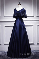 Elegant Navy Blue Short Sleeved Beaded Cape With Satin Lace Navy Blue V-Neck Backless And Ground Length Evening Dresses