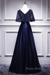 Elegant Navy Blue Short Sleeved Beaded Cape With Satin Lace Navy Blue V-Neck Backless And Ground Length Evening Dresses