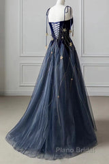 Elegant Navy Blue Spaghetti Strap Long Formal Prom Dresses With Star