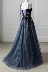 Elegant Navy Blue Spaghetti Strap Long Prom Dress with Star