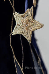 Elegant Navy Blue Spaghetti Strap Long Formal Prom Dresses With Star