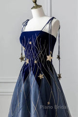 Elegant Navy Blue Spaghetti Strap Long Formal Prom Dresses With Star
