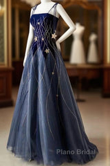 Elegant Navy Blue Spaghetti Strap Long Formal Prom Dresses With Star