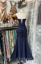 Elegant Navy Mermaid Strapless Formal Prom Dresses Backless Chiffon Birthday Evening Dresses