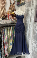 Elegant Navy Mermaid Strapless Formal Prom Dresses Backless Chiffon Birthday Evening Dresses