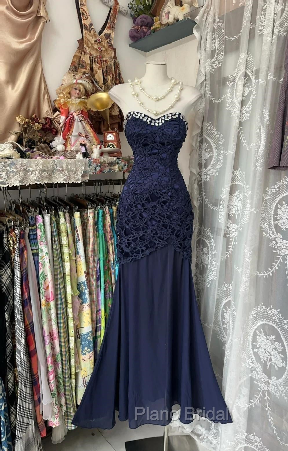 Elegant Navy Mermaid Strapless Formal Prom Dresses Backless Chiffon Birthday Evening Dresses