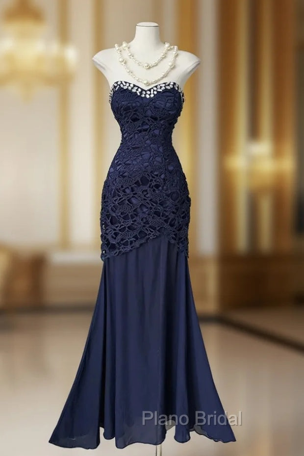 Elegant Navy Mermaid Strapless Formal Prom Dresses Backless Chiffon Birthday Evening Dresses Main image