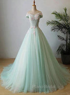 Elegant Off Shoulder Light Green Tulle Sweet 16 Dresses, Long Formal Gown