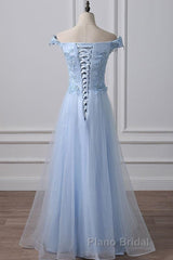 Elegant Off Shoulder Long Sky Blue Lace Formal Prom Dress, Off Shoulder Sky Blue Formal Dress, Sky Blue Lace Evening Dress