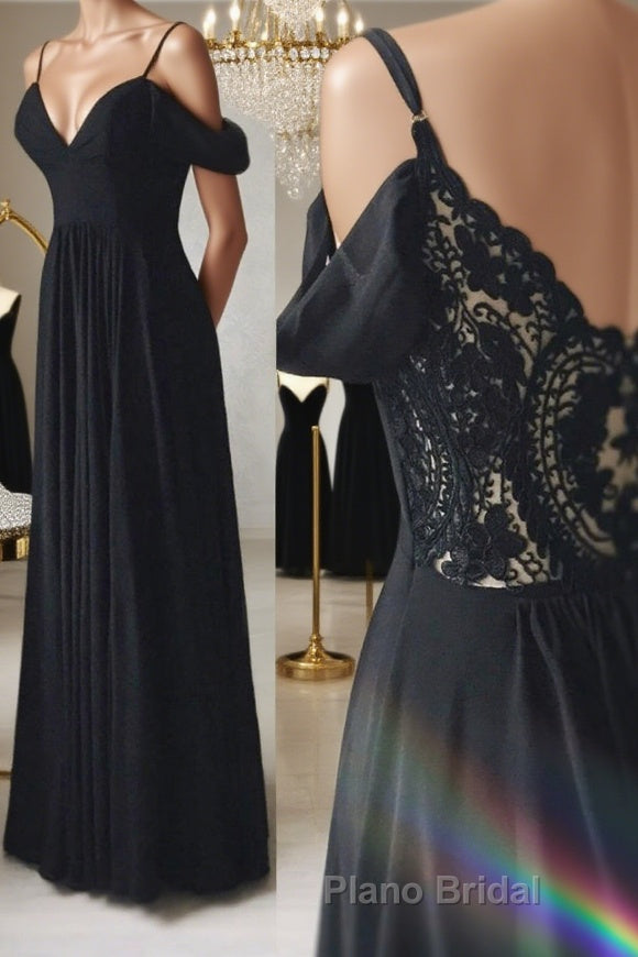 Elegant Off the Shoulder Black Long Formal Prom Dresses with Lace Back, Off Shoulder Black Lace Formal Evening Dresses