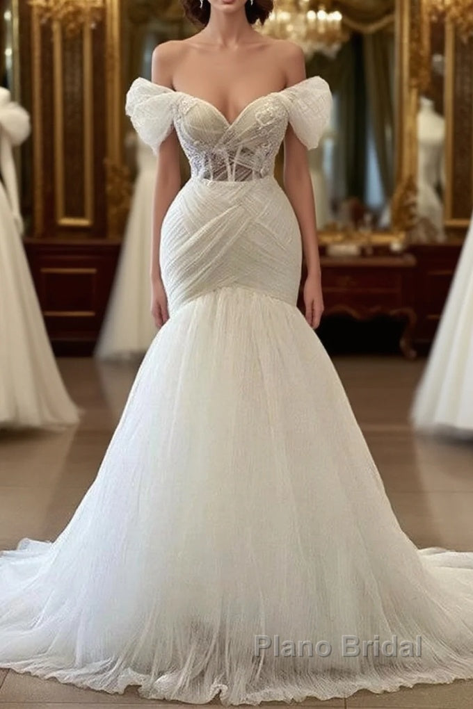 Elegant Off the Shoulder Floor Length Mermaid Tulle Wedding Dress Main image