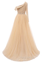 Elegant One Shoulder Beige Formal Prom Dresses Sheer Beading Lace Formal Dresses