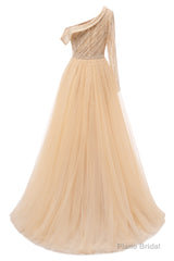Elegant One Shoulder Beige Prom Dresses Sheer Beading Lace Formal Dresses