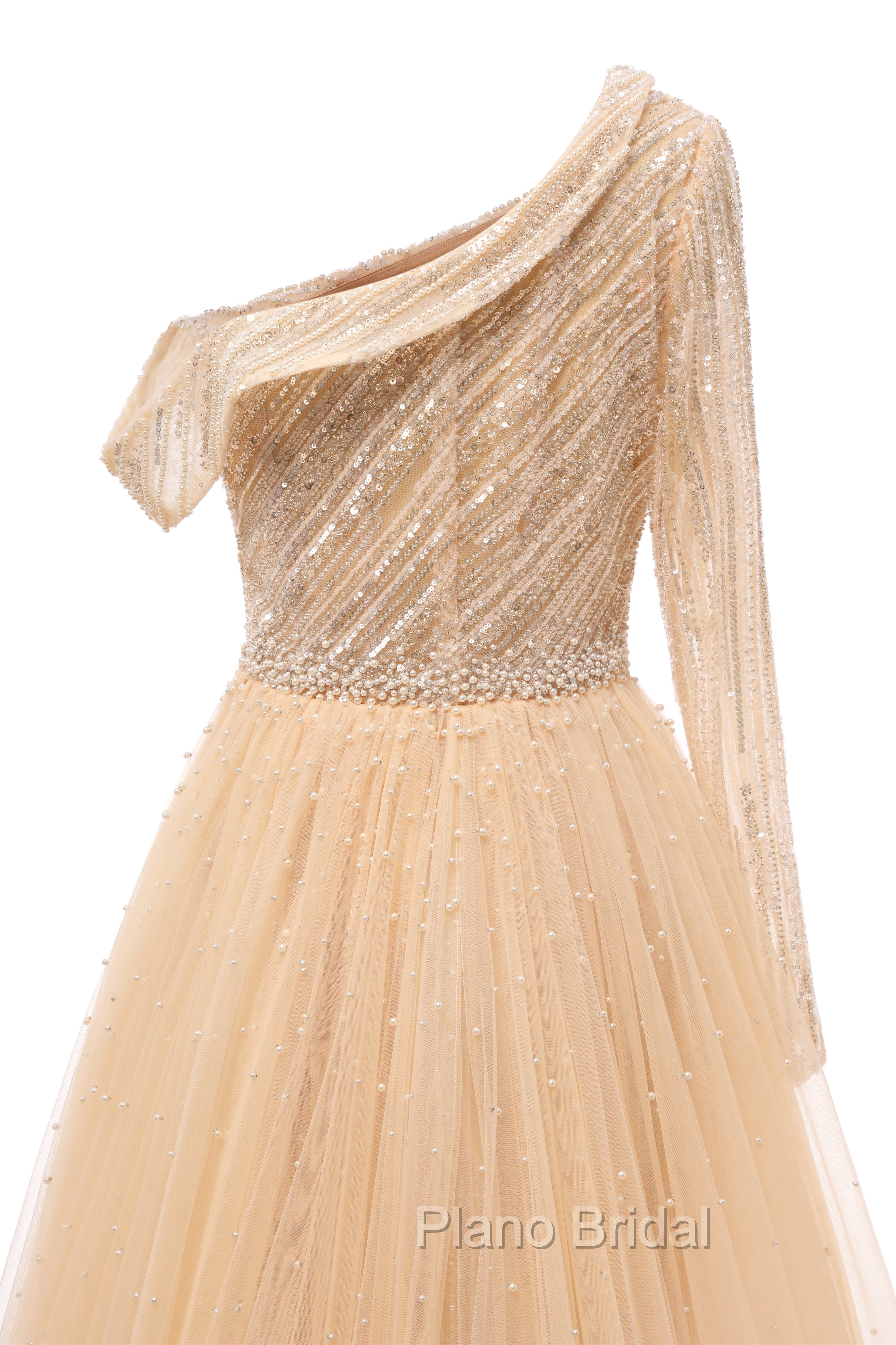 Elegant One Shoulder Beige Formal Prom Dresses Sheer Beading Lace Formal Dresses