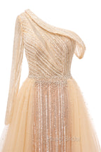 Elegant One Shoulder Beige Formal Prom Dresses Sheer Beading Lace Formal Dresses