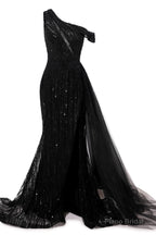 Elegant One Shoulder Black Prom Dresses Sheer Beading Lace Formal Dresses