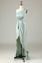 Elegant One Shoulder Matcha Ruched Long Bridesmaid Dresses