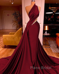 Elegant One Shoulder Mermaid Formal Prom Dresses Long Pleated with Beads