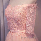 Elegant Pink Lace Appliques Off The Shoulder Tulle Bridesmaid Dresses Short