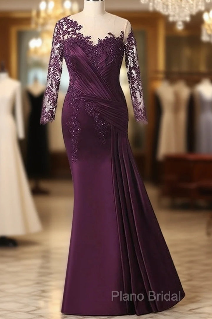 Elegant Plus Size Mermaid Long Sleeves Floor-Length Formal Prom Dresses With Lace Appliques