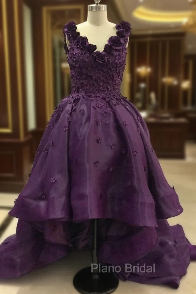 Elegant Purple Deep V Neck Appliqued Floral Short Front Long Back High Low Formal Prom Dresses Main image