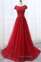 Elegant Red Tulle Long Formal Prom Dresses with Lace Applique, Red Party Gowns