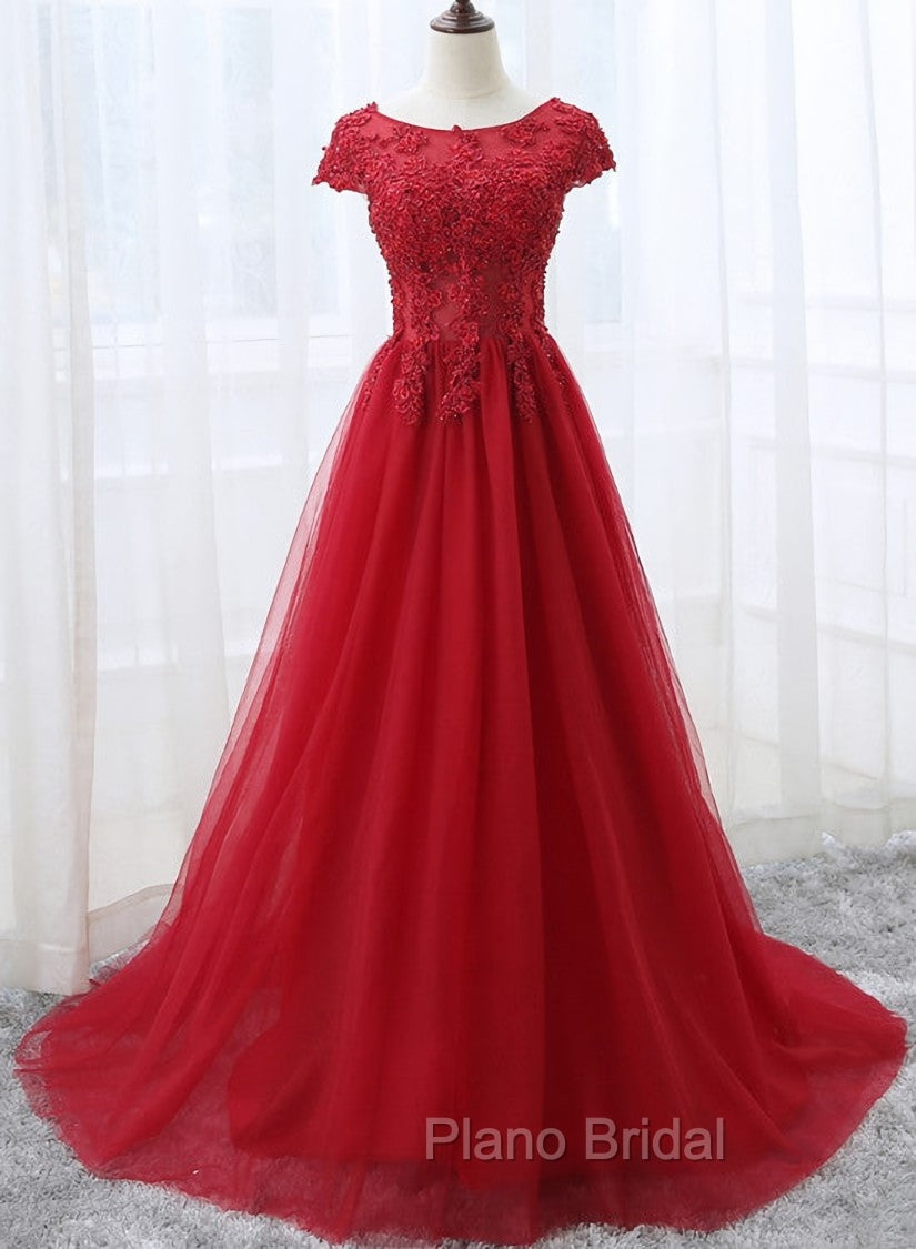 Elegant Red Tulle Long Formal Prom Dresses with Lace Applique, Red Party Gowns