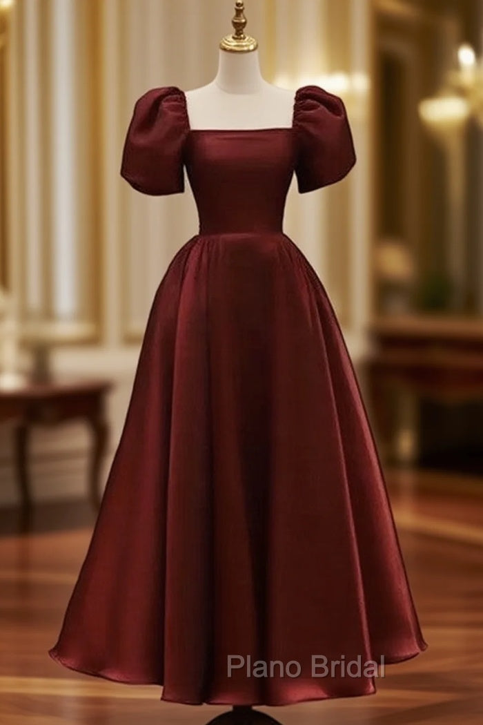 Elegant Satin A Line Ankle-length Short Sleeve Evening Dresses with Ruching Main image