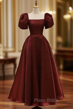 Elegant Satin A Line Ankle-length Short Sleeve Evening Dresses with Ruching