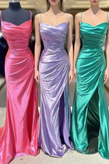 Elegant Satin Mermaid Formal Prom Dresses  With Pleated Bodice, Spaghetti Strap & Slit Fd5090