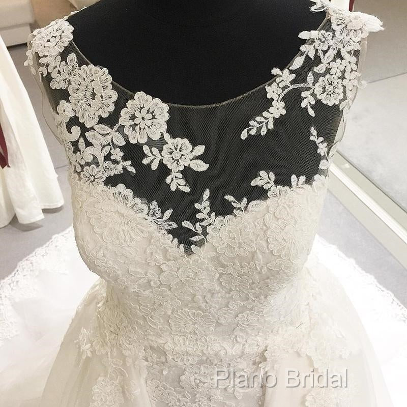 Elegant Sheer Lace Appliques Neckline Court Train Princess Wedding Dresses