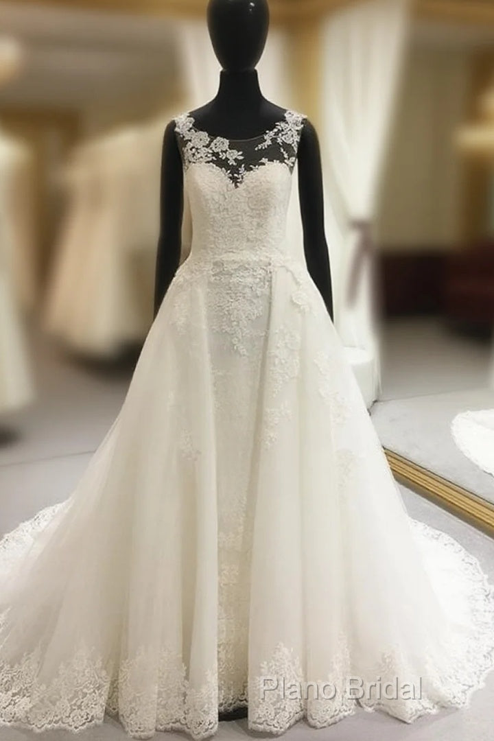 Elegant Sheer Lace Appliques Neckline Court Train Princess Wedding Dresses Main image