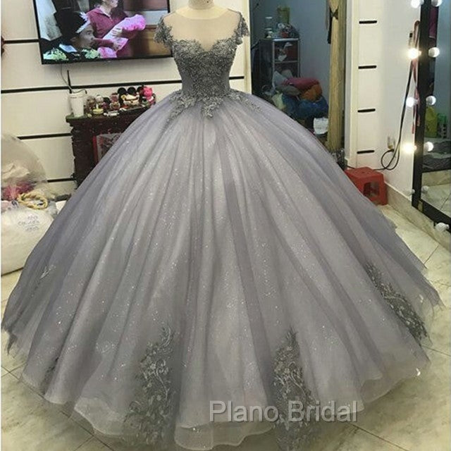Elegant Silver Tulle Ball Gowns Formal Prom Dresses Lace Appliques