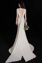Elegant Sleeveless Mermaid Satin Simple Train Dresses Wedding Dresses With Lace Open Back