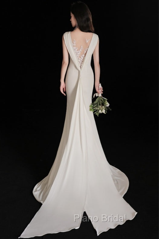 Elegant Sleeveless Mermaid Satin Simple Train Dresses Wedding Dresses With Lace Open Back