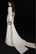 Elegant Sleeveless Mermaid Satin Simple Train Dresses Wedding Dresses With Lace Open Back